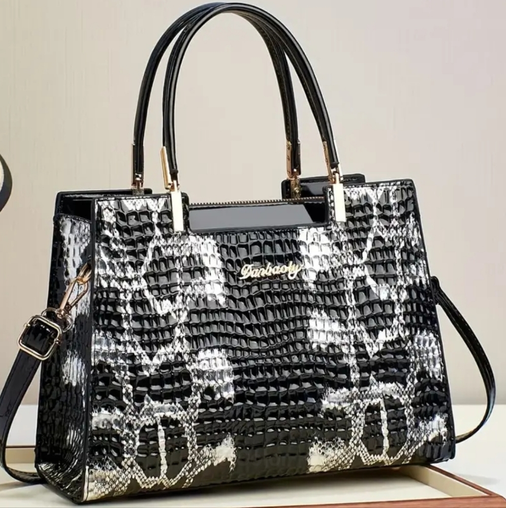 New! Trendy SNAKE Print Black Silver Satctchel Purse Shoulder Bag.